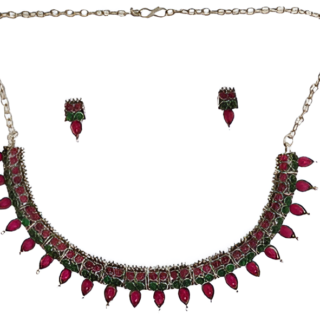 Elegant Ruby and Emerald Color Oxidized Necklace and Earrings Set