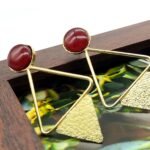 Geometric Brass Triangle Drop Earrings with Red Stone - Modern and Trendy Statement Jewelry for Women