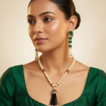 emerald pearl tassel necklace & earrings set for women | ethnic wedding jewelry set