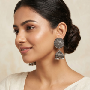 antique dual tone tribal jhumka earrings for women | oxidized silver & gold ethnic jhumka