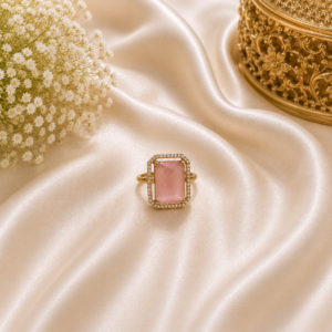 Blush Pink Emerald-Cut Halo Statement Ring
