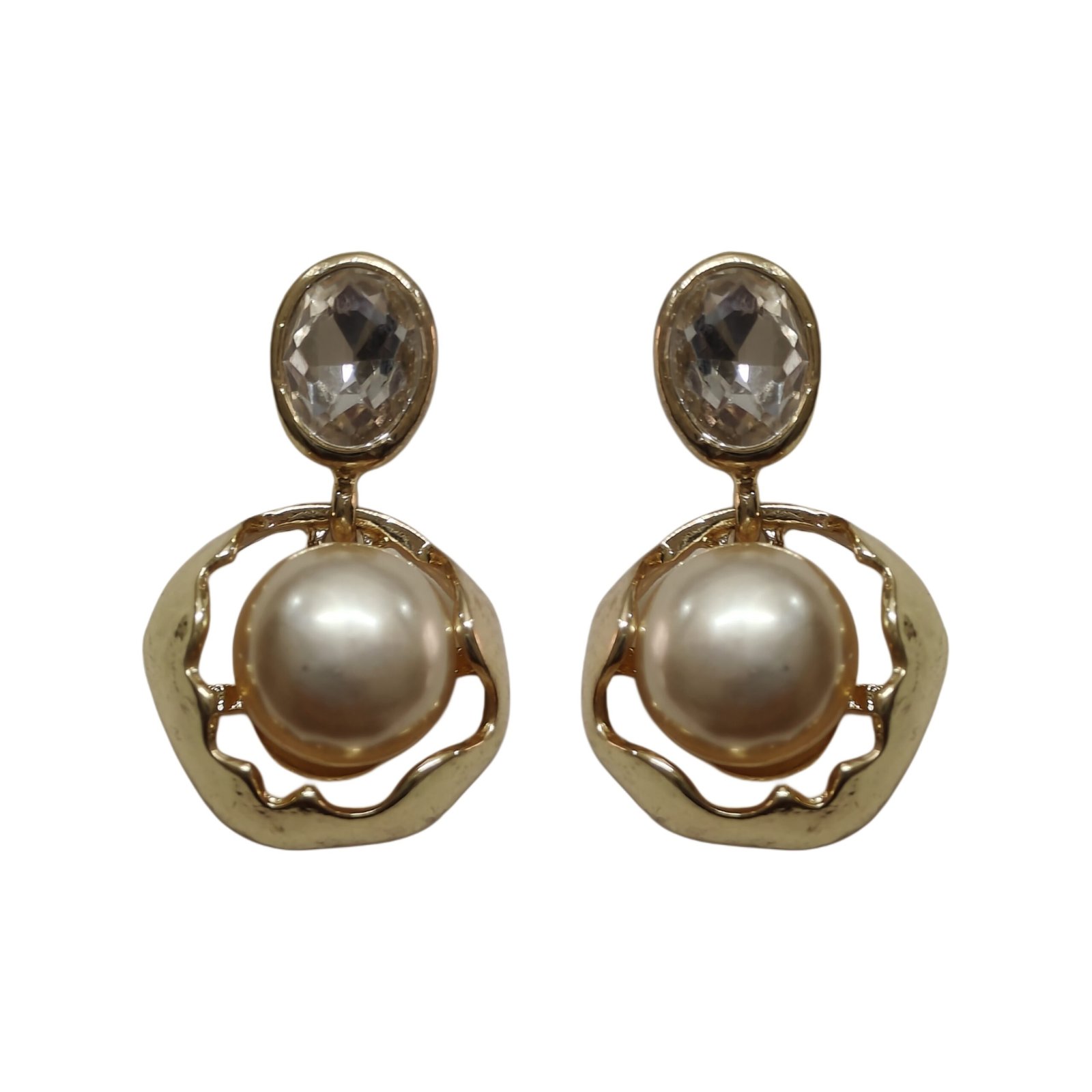 Gold Pearl Halo Crystal Drop Earrings