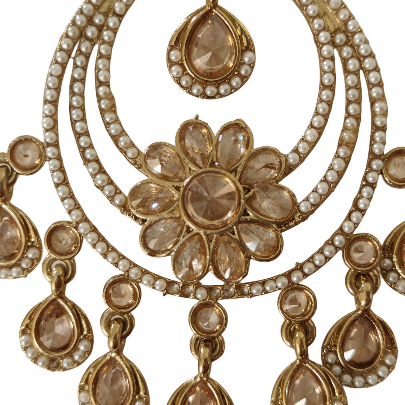 Golden Floral Pearl Chandbali Earrings