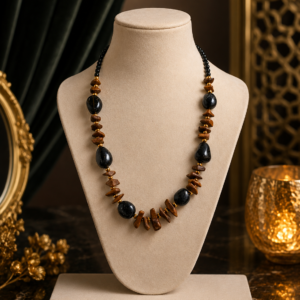 Black Stone & Brown Chip Bead Statement Necklace