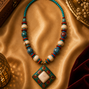 Turquoise & Coral Beaded Necklace with Square Pendant