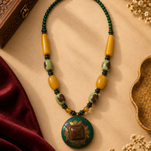 Green & Mustard Handcrafted Mosaic Pendant Necklace