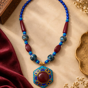 Blue & Maroon Mosaic Statement Pendant Necklace