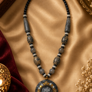 Black & Grey Statement Beaded Necklace with Pendant