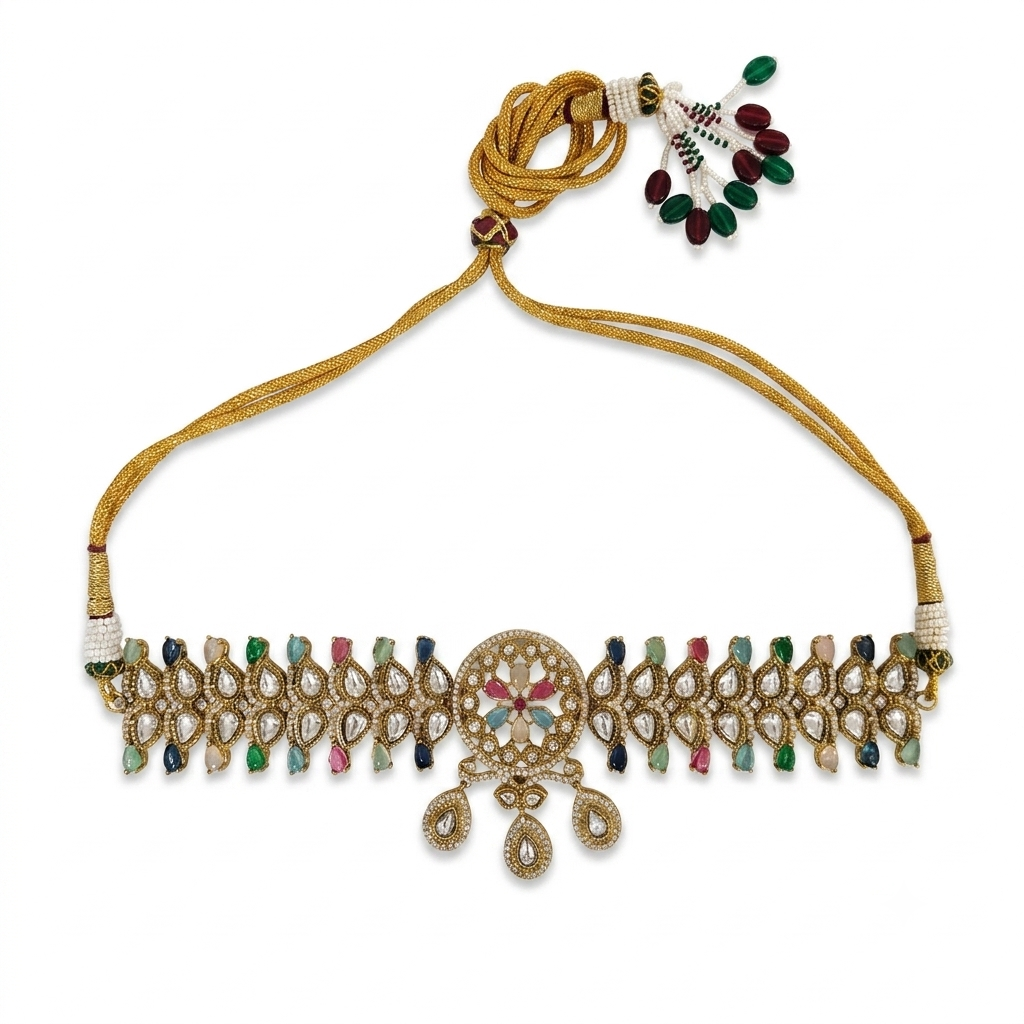 Multicolor Floral Kundan Choker Necklace Set with Statement Earrings