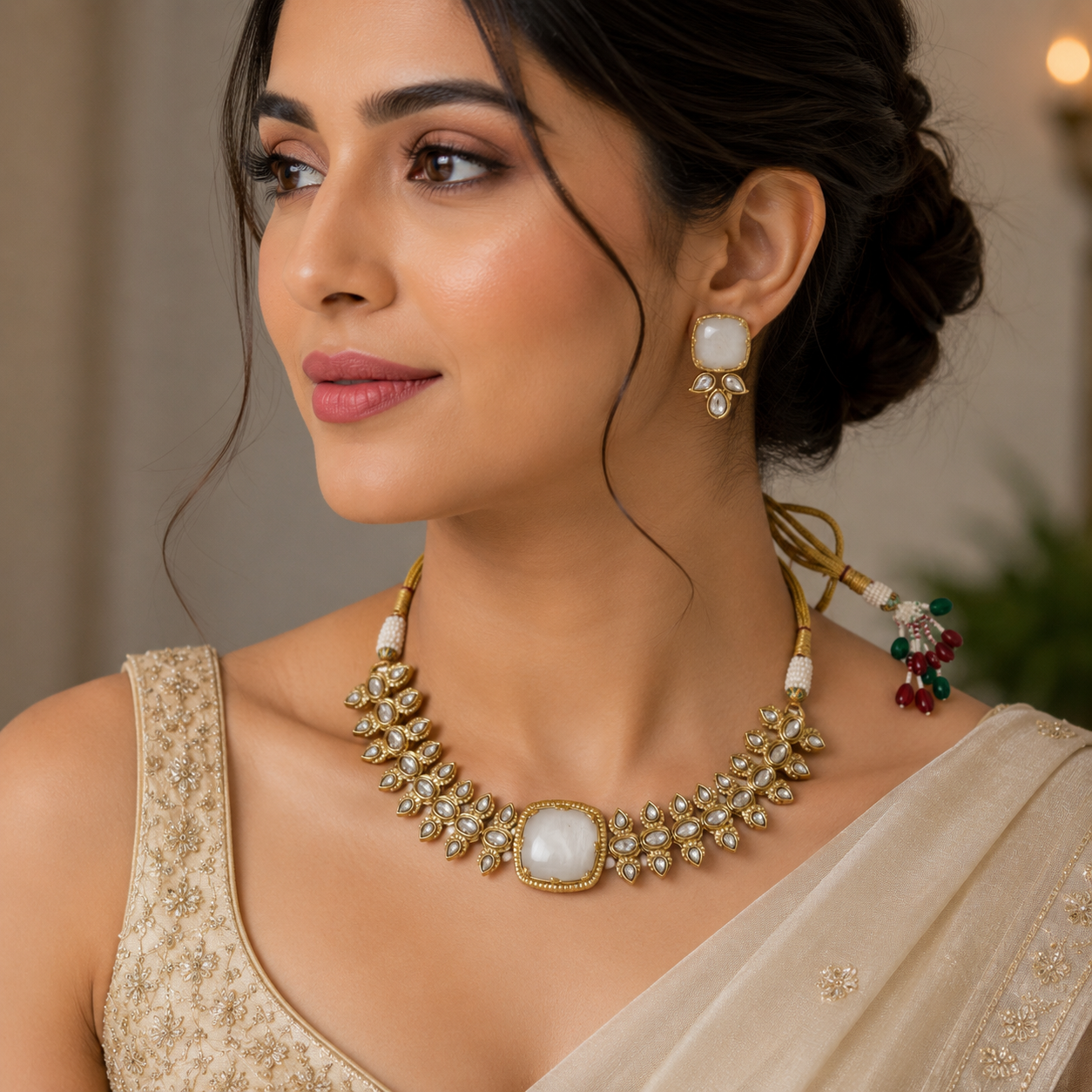 White Kundan Statement Choker Necklace Set with Matching Stud Earrings