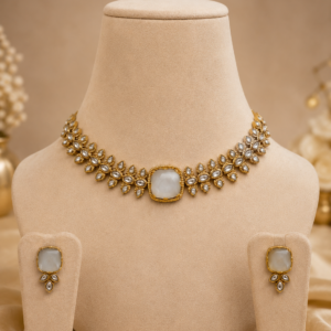 White Kundan Choker Necklace Set with Matching Studs