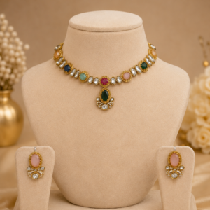 Multicolor Kundan Pendant Necklace Set with Pink Stone Earrings