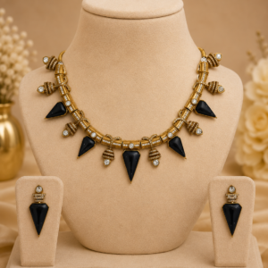 Navy Blue Spike Statement Necklace Set with Earrings
