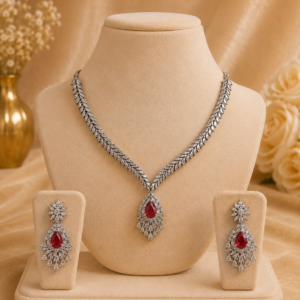 Silver-Tone Ruby Red Crystal Pendant Necklace Set with Earrings