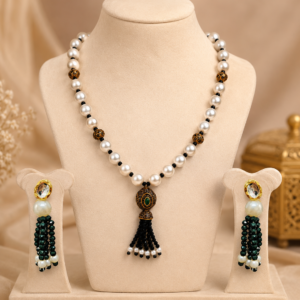 Emerald Pearl Tassel Necklace & Earrings Set for Women