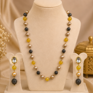 Golden Amber Pearl Beaded Necklace & Earrings Set