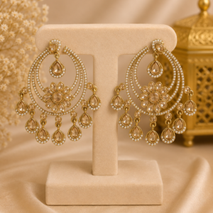 Golden Floral Pearl Chandbali Earrings for Women
