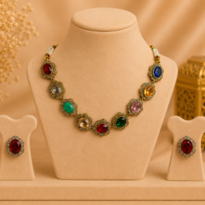 Multicolor Oval Stone  Necklace Set with Statement Studs