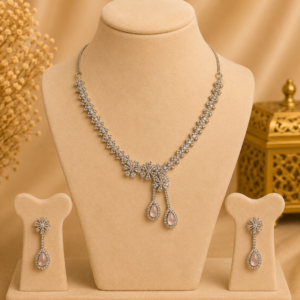 Silver-Tone Light Pink Teardrop Crystal Necklace Set with Earrings