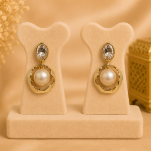 Gold Pearl Halo Crystal Drop Earrings