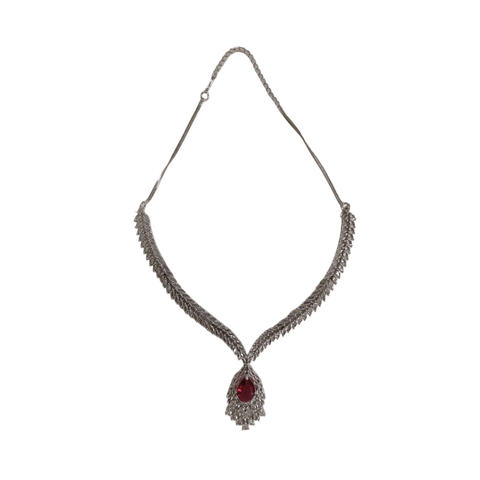 Silver-Tone Ruby Red Crystal Pendant Necklace Set with Earrings