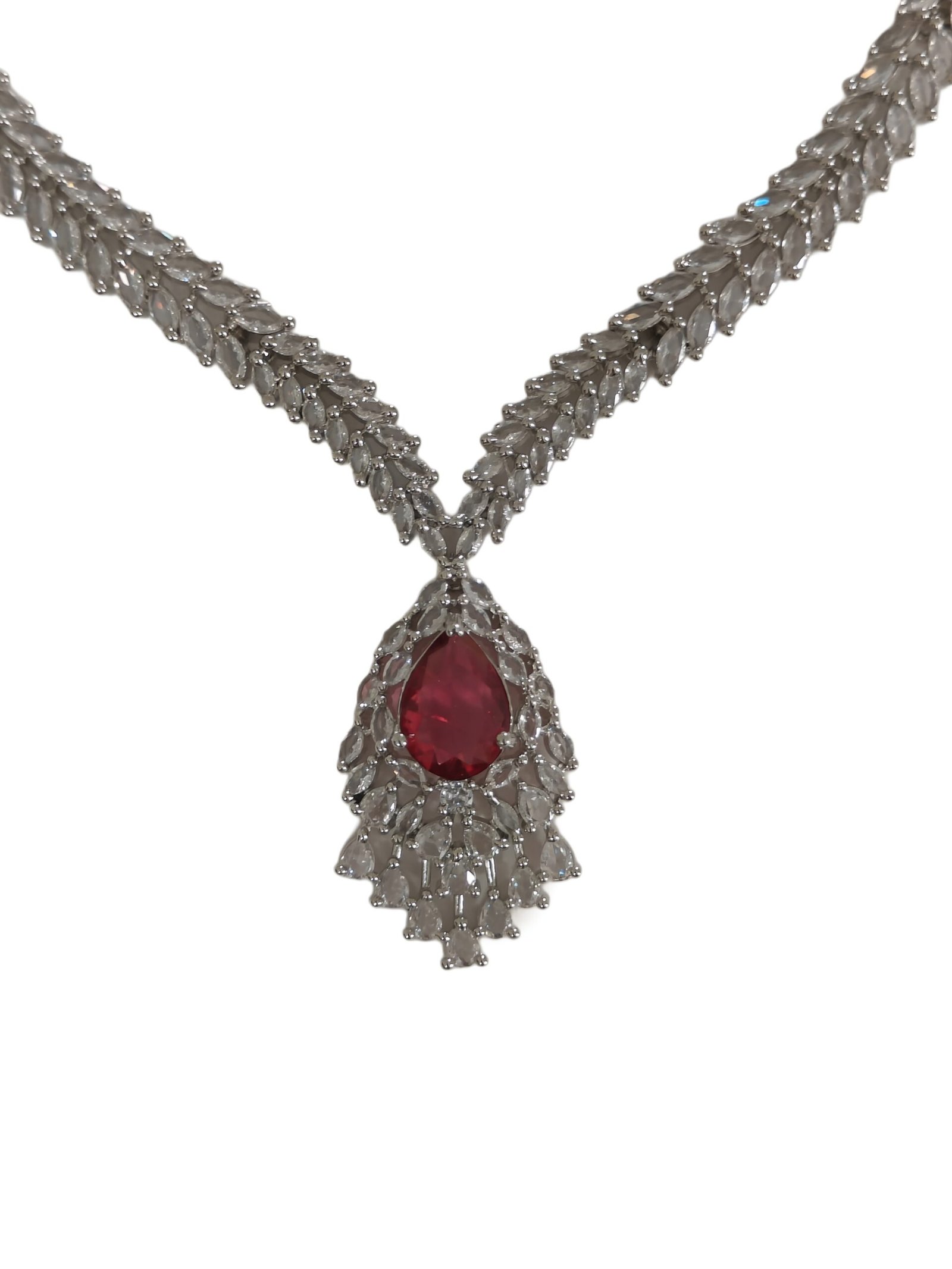 Silver-Tone Ruby Red Crystal Pendant Necklace Set with Earrings
