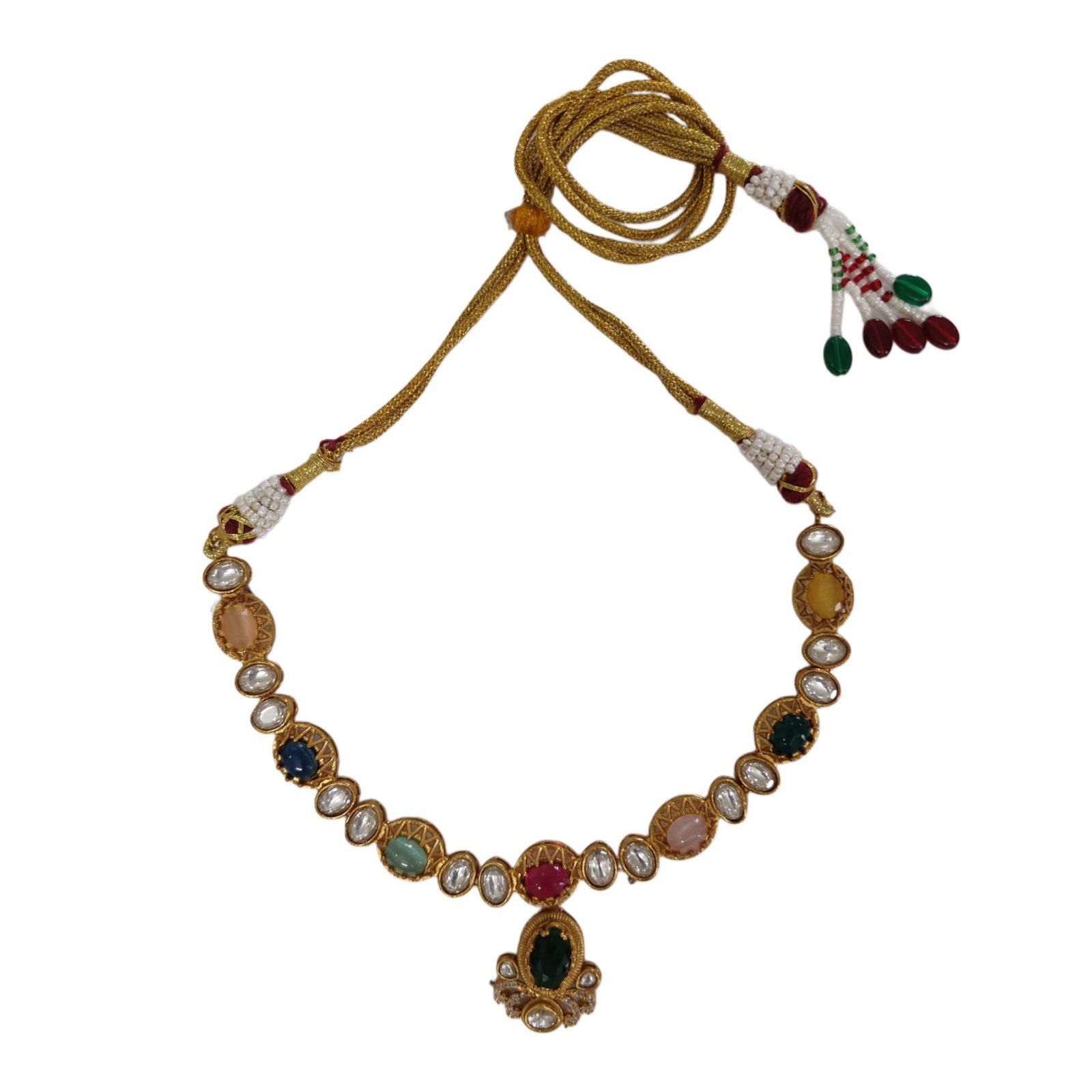 Multicolor Kundan Pendant Necklace Set with Pink Stone Earrings