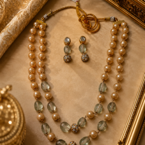 Beige Pearl & Pista Green Beaded Necklace Set with Earrings