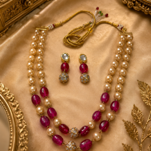 Beige Pearl & Ruby Pink Beaded Necklace Set with Earrings