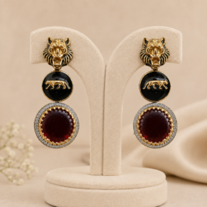 Royal Tiger Motif Statement Drop Earrings – Antique Gold & Deep Maroon