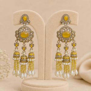 Sunshine Yellow Kundan Jhumki Tassel with Pearl Drops Earrings