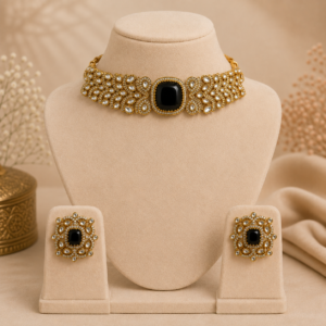 Royal Black Stone Kundan Choker Set with Stud Earrings