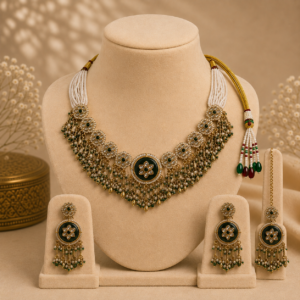 Emerald Green Kundan Bridal Choker Set with Earrings & Maang Tikka