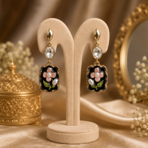 Vintage Floral Enamel Drop Earrings with Crystal Accent