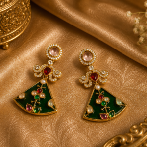Emerald Enamel Fan Drop Earrings with Kundan & Multicolor Stone Accents