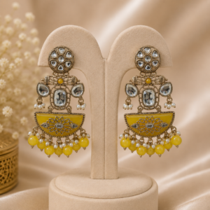 Mustard Yellow Tribal Kundan Statement Earrings with Bead Fringe