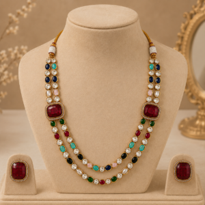 Multicolor Double-Layer Statement Necklace Set with Ruby Red Stud Earrings