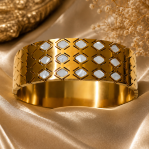 Golden Diamond Lattice White Stone Statement Bracelet