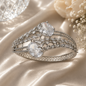 Silver-Tone Double Stone Crystal Openable Bracelet