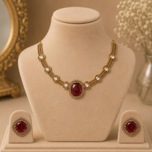Ruby Red Kundan Pendant Necklace Set with Stud Earrings