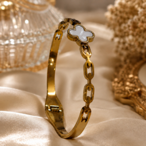 Elegant Golden Clover Bracelet with White Stone