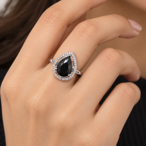 Black Onyx Pear-Shaped CZ Halo Ring