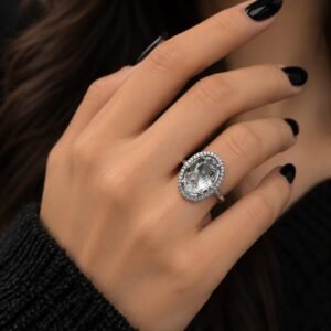 Oval Clear Gemstone Halo Statement Ring