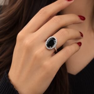 Black Oval Gemstone Halo Ring