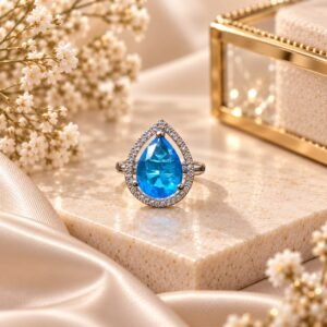 Blue Pear-Shaped Halo Statement Ring