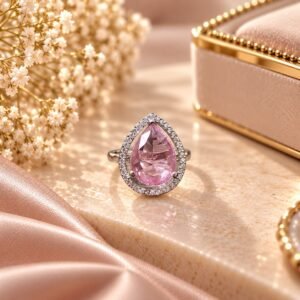 Pink Pear-Shaped Halo Statement Ring