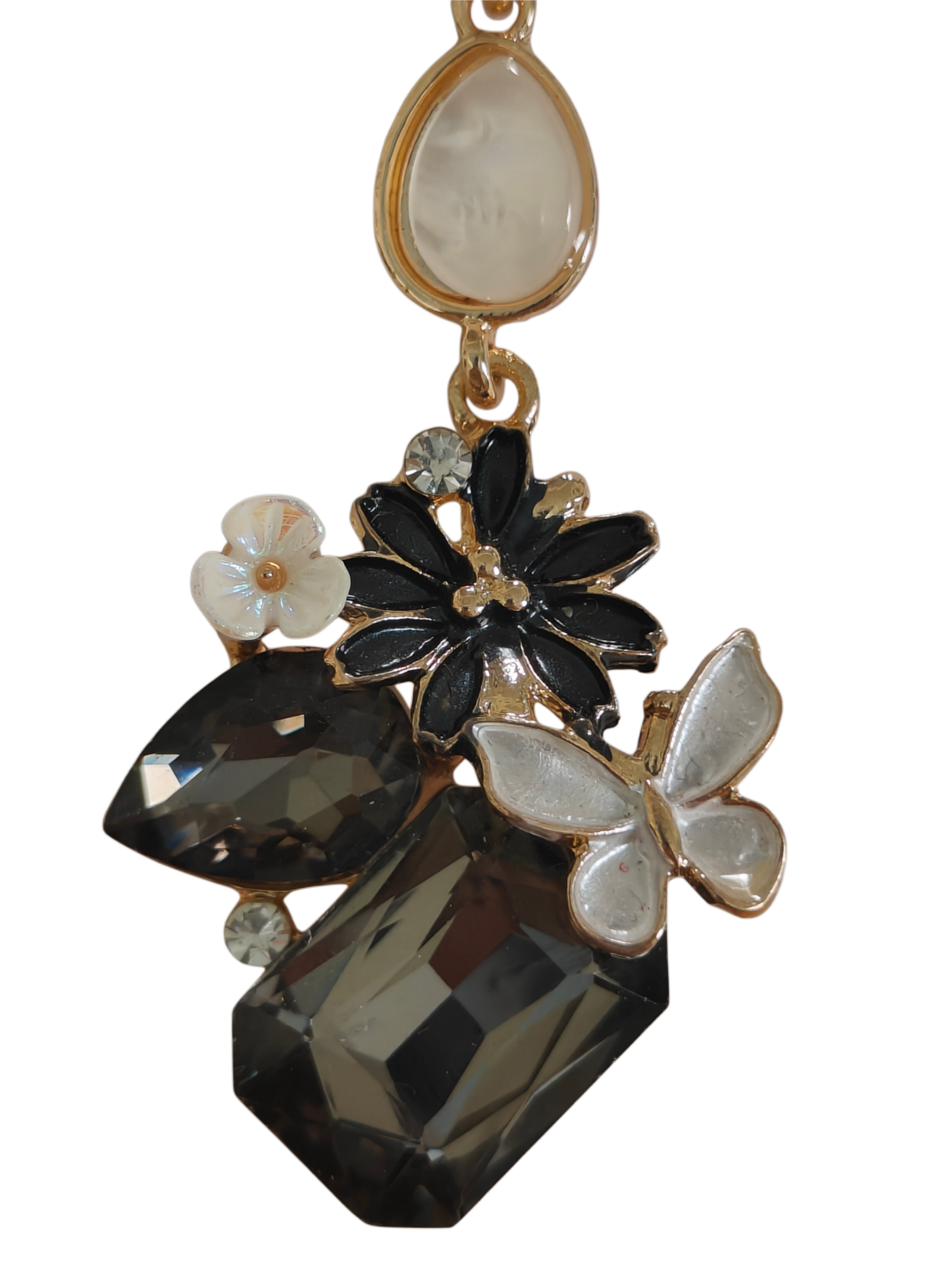 Black Floral Crystal Statement Drop Earrings - Image 3