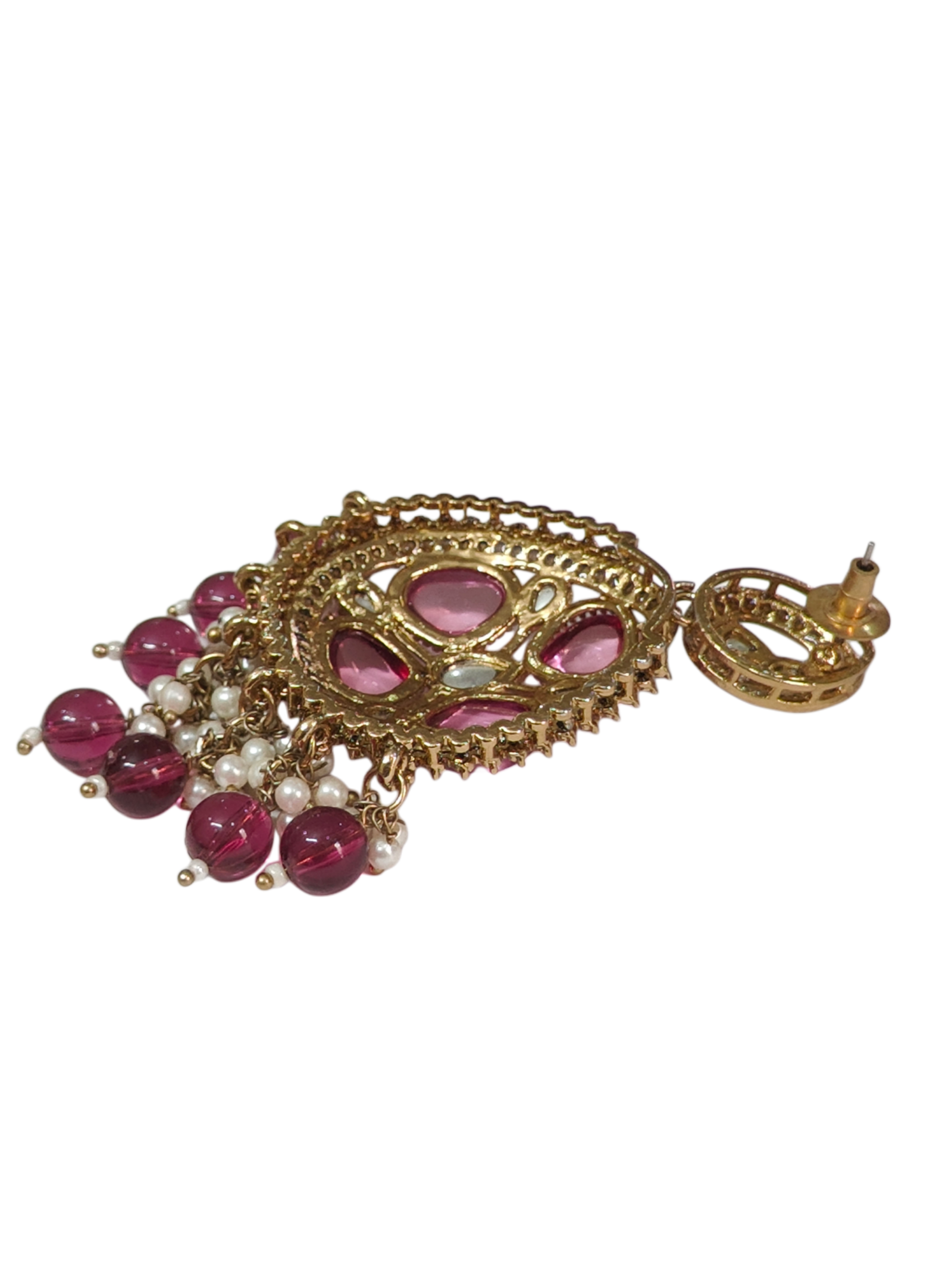 Ruby Pink Kundan Pearl Earrings - Image 4