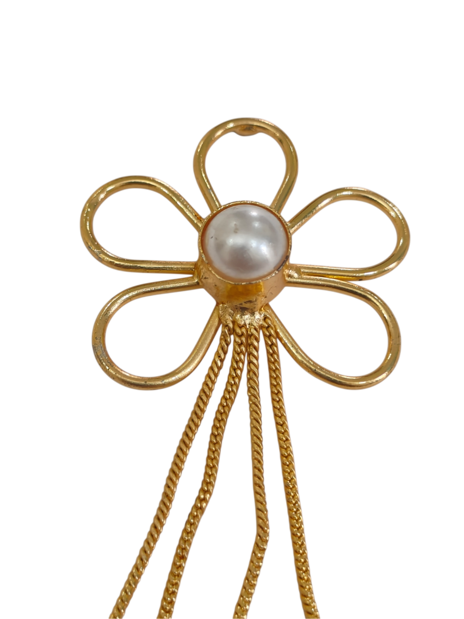 Golden Floral Pearl Tassel Drop Earrings - Image 2