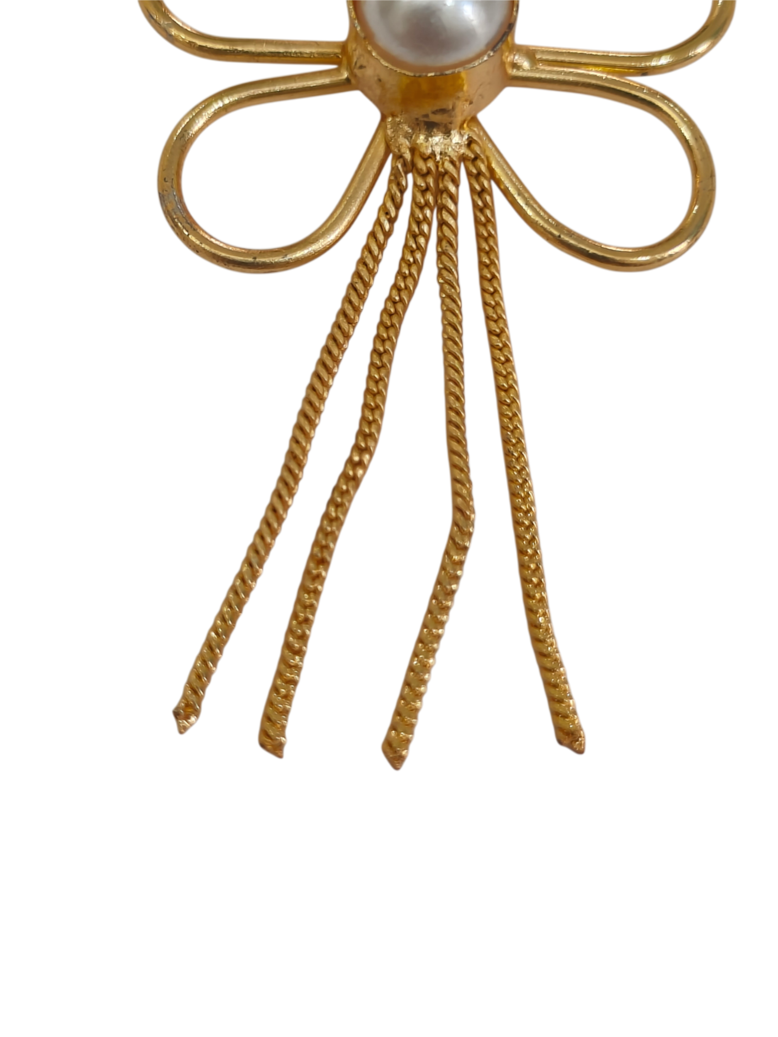 Golden Floral Pearl Tassel Drop Earrings - Image 3